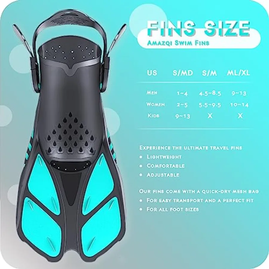 Travel-size adjustable open-heel swim fins for snorkeling and diving lightweight polypropylene with black color compact design