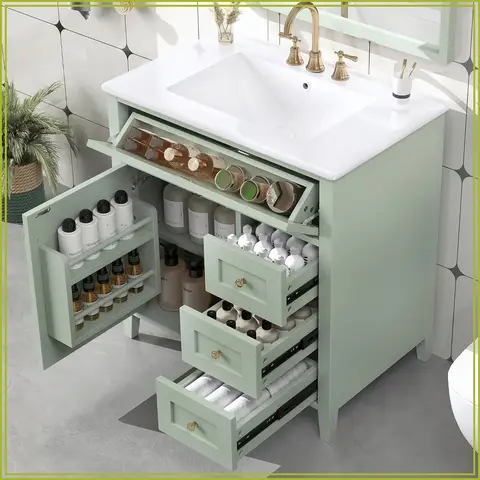 30" Modern Bathroom Vanity with Sink, Solid Wood Storage Cabinet, 3 Drawers, Soft Close Door, Adjustable Shelves, Green