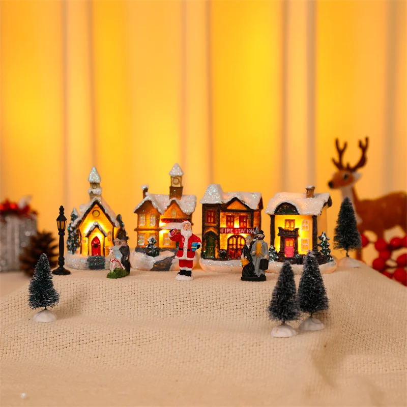 LED Resin Christmas Village Ornaments Set Figurines Decoration Santa Claus Pine Needles Snow View House Holiday Gift Home Decor