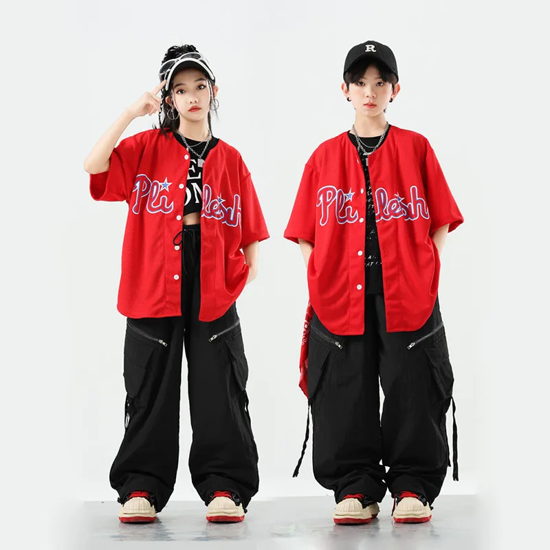 

Kid Kpop Hip Hop Clothing Red Cardigan Shirt Black Casual Wide Zipper Cargo Pants for Girl Boy Jazz Dance Wear Costumes Clothes