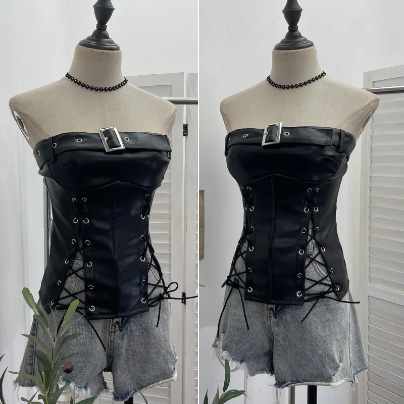 2026 Nuovo cinturino sexy con vita divisa Top a tubo Spice Girl Pu Fibbia in pelle Avvolgente sul petto senza maniche Top senza spalline per le donne