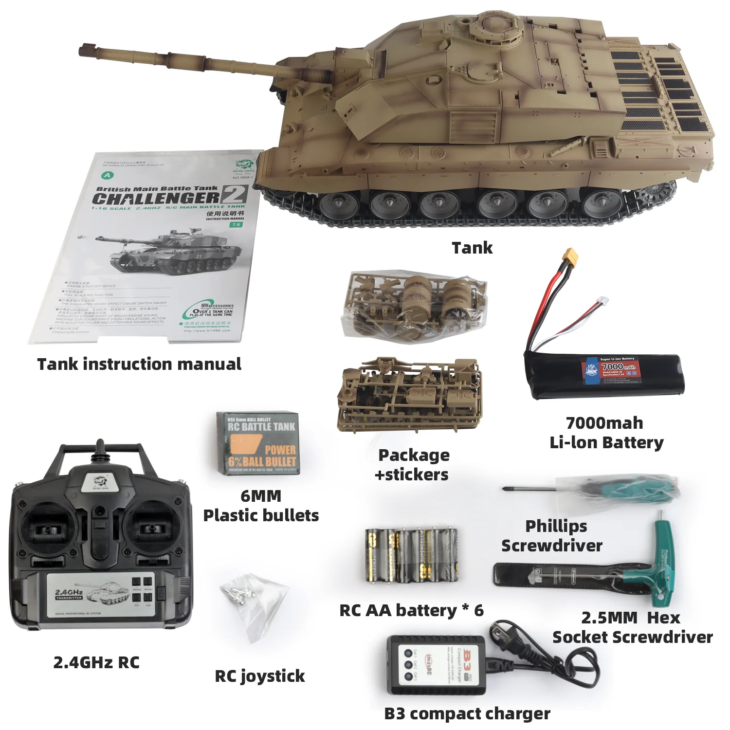 Czołg Heng Long rc 1/16 British Challenger2 Model czołgu (metalowa gąsienica powlekana gumą) - metalowe koło drogowe i kanał pistoletowy) 360 ° Obróć wieżyczkę