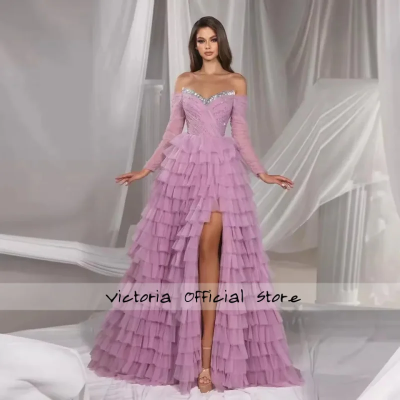 Bling Bling Rosa esponjoso para fiesta Formal con cuentas mangas transparentes vestidos largos divididos vestido de novia tul escalonado largo personalizado