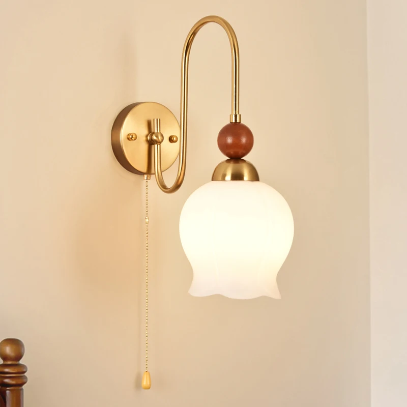 

Wall lamp, French light luxury bedside lamp, Nordic retro Japanese study, living room, bedroom, vintage walnut color lamp