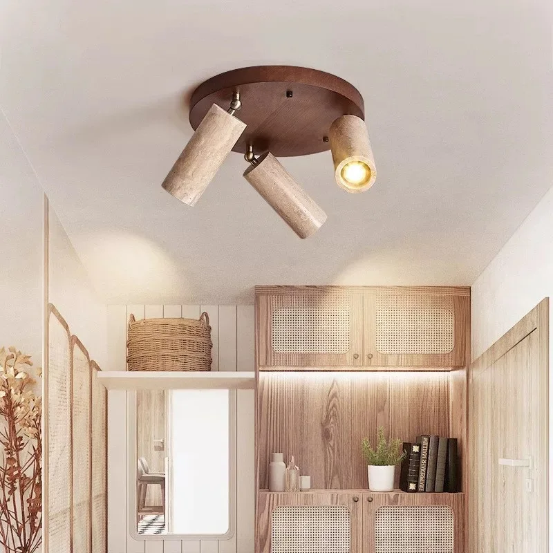 Nordic Living Room Coffee Aisle Ceiling Lamp  Wardrobe Clothing Travertine Marble Solid Wood 3 Heads Cylindrical Spotlight