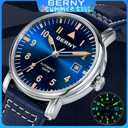 Reloj Automático BERNY Pilot para hombre, reloj mecánico luminoso militar Vintage con zafiro resistente al agua 100m, reloj de pulsera para buzo para hombre
