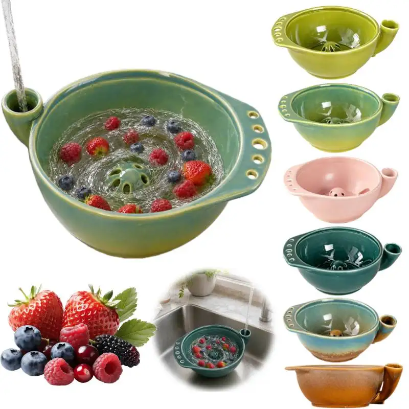 Self-Spinning Berry Washing Bowl,Glazed Ceramic Berry Bowl w/ Raised Center&Drainage Holes,Fruit Rinse Colander for Strawberries
