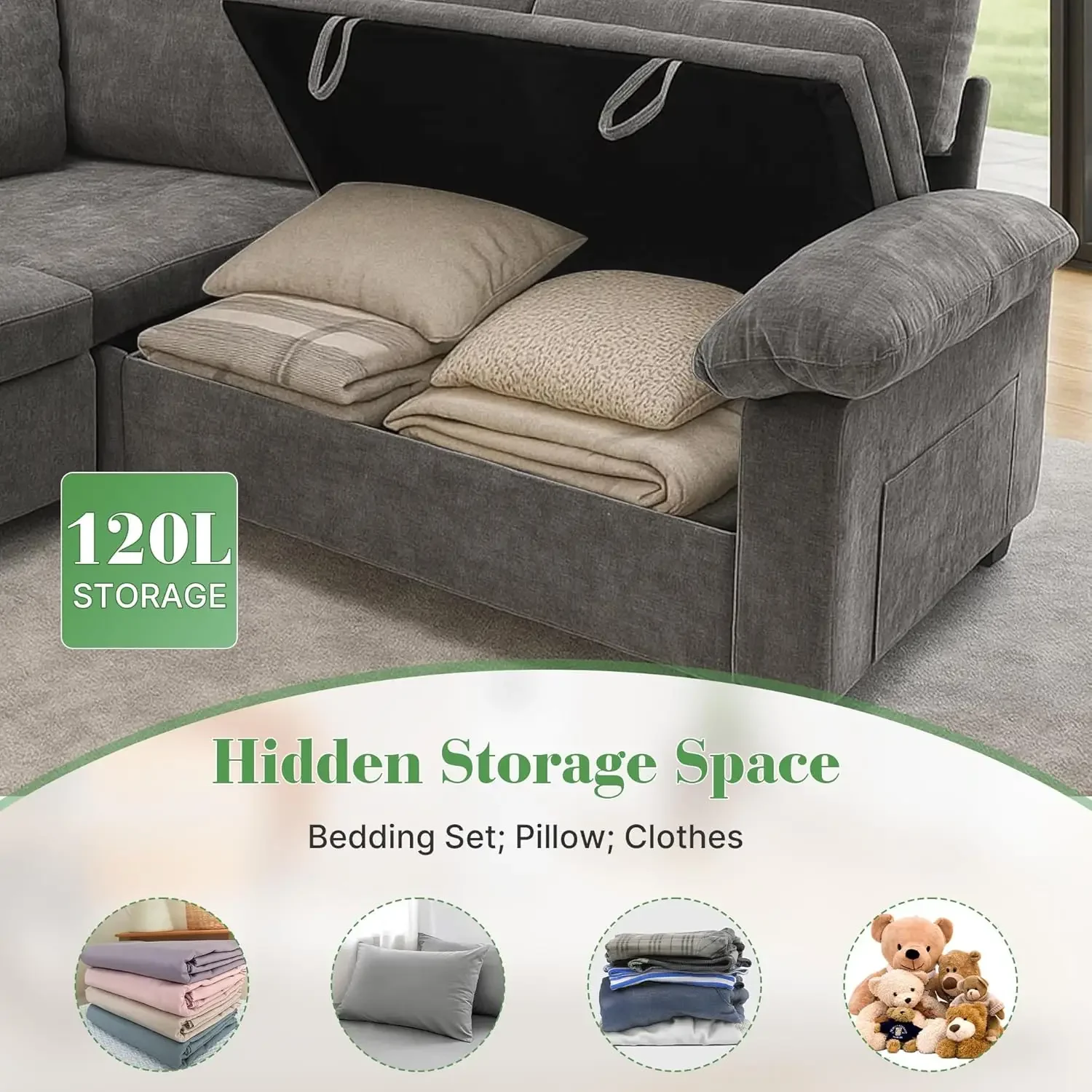 Grey L Shaped Sectional Sofa With Pull Out Bed Storage 5 Seat Convertible