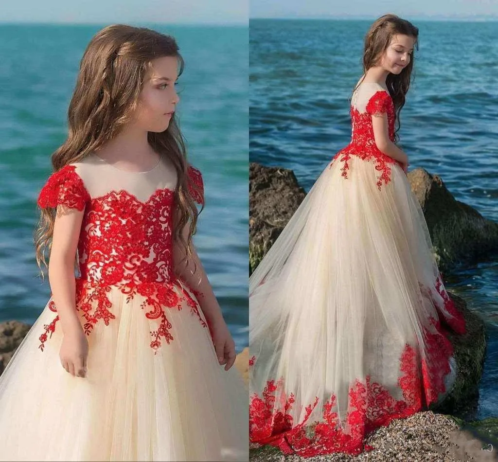 Robe à fleurs en dentelle rouge pour filles, appliques en tulle, manches courtes, longueur au sol, robes de soirée moelleuses pour enfants, première communion, boule, quoi que ce soit