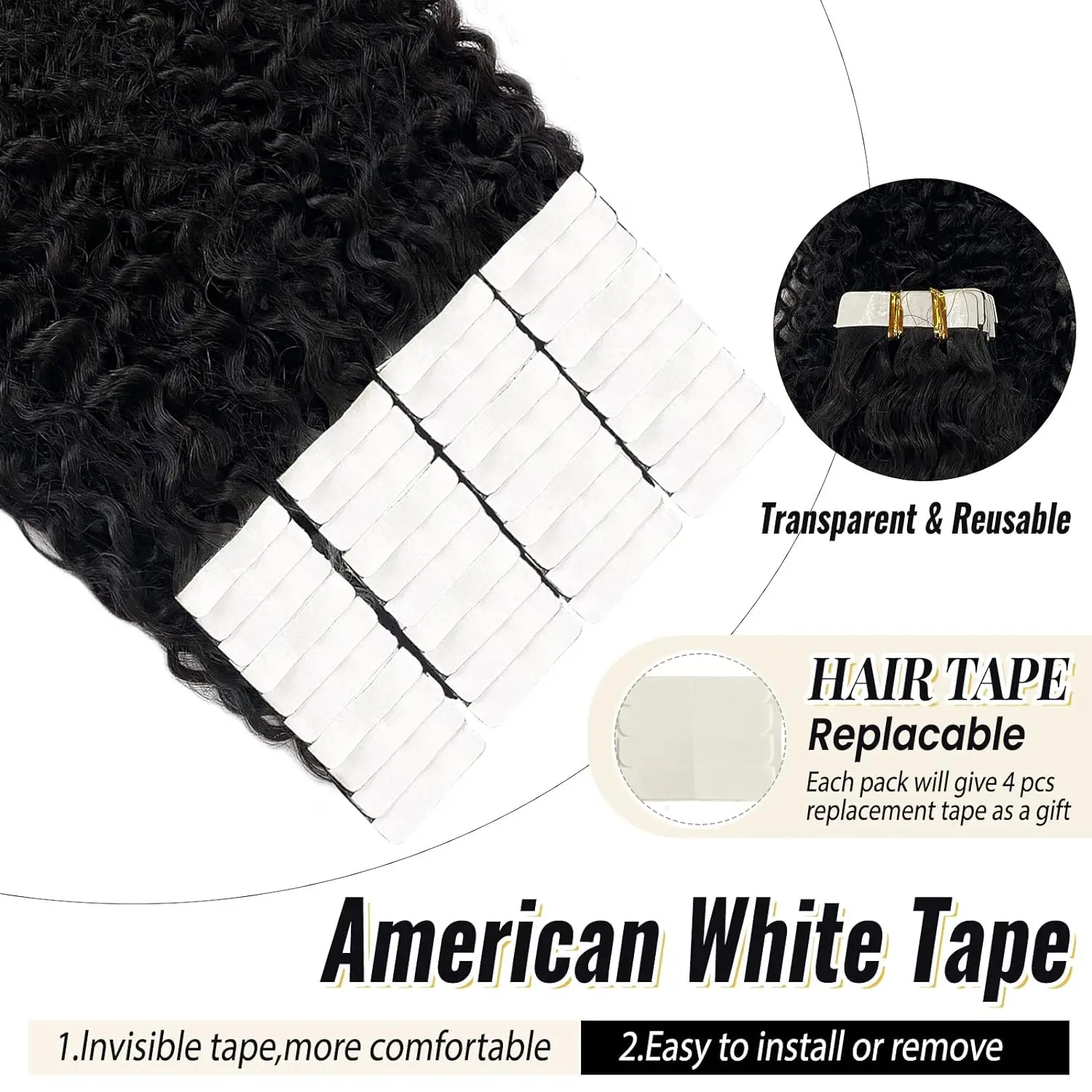 Tape In Hair Extensions Human Hair Deep Wave Invisible Seamless Tape In Hair Extensions 16-26 Inches Natural Black #1B For Woman