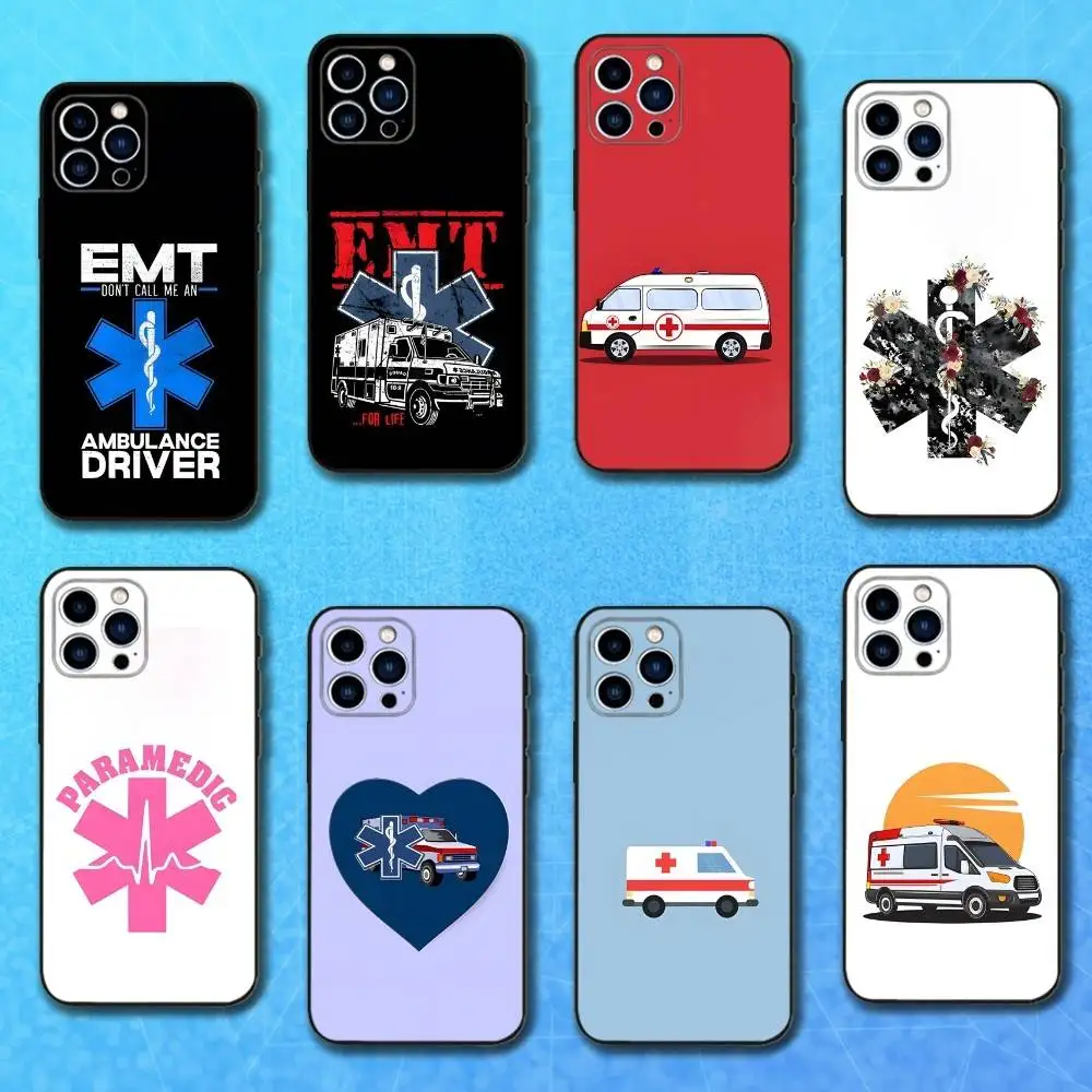 

EMT Ambulance EMS Phone Case For iPhone 17,16,15,14,13,12,11 Plus,Pro Max,XS,X,XR,SE,Mini,8,7,Soft Silicone Black Cover