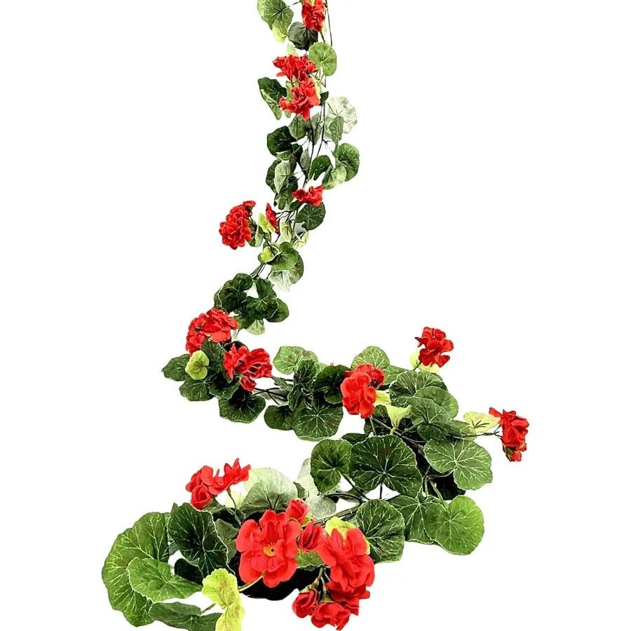 FERIAL 2-teilige künstliche Geranie-Girlande im Freien, rote Geranie-Kunstblumen, UV-beständig, Hängekorb, Blumengirlande, Sp