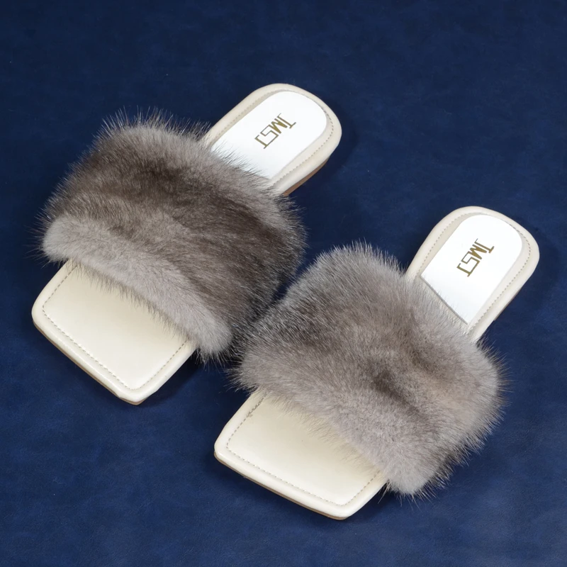 Real Mink Fur Slippers Fluffy Flip Flat Fur Women\'s Shoes Fashion Outdoor Slippers Sandals Beach Sandals House Shoes Sandals