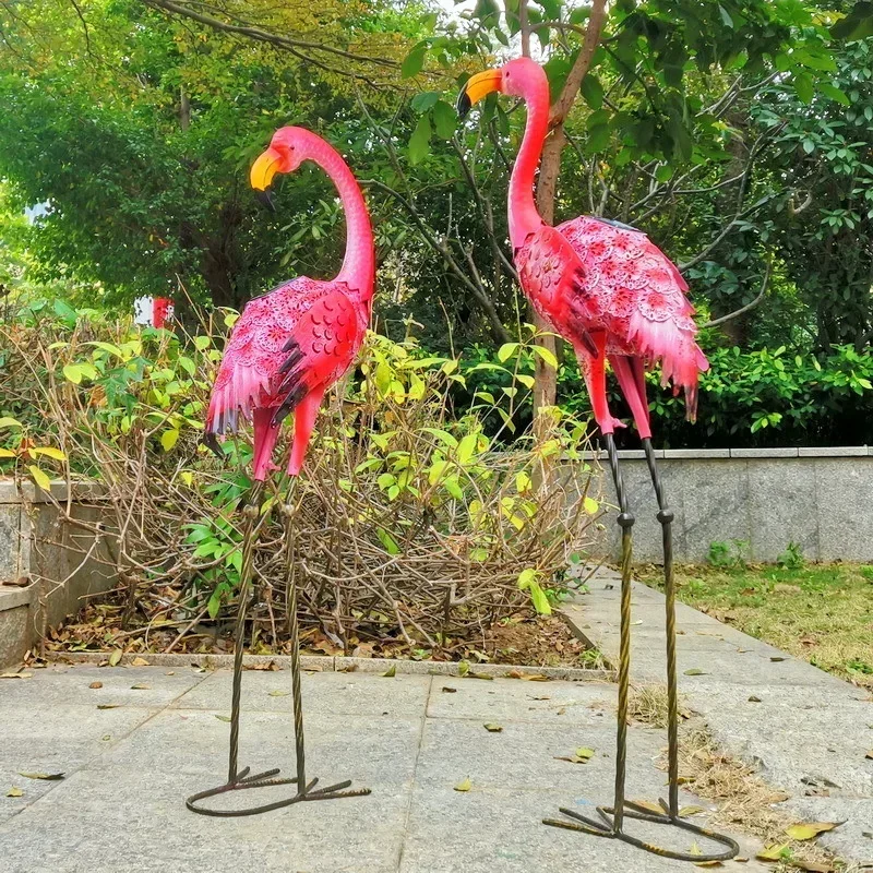 Outdoor wrought iron animal ornament garden grass floor decoration solar light luminous flamingo