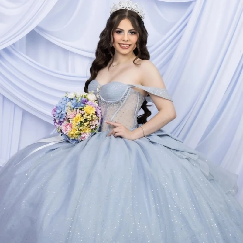 파란색 반짝이는 킨세아녜라 드레스, 오프숄더 비딩 크리스탈 리본 튤 파티 생일 스위트 16 드레스, 베스티도스 15 데 아뇨스