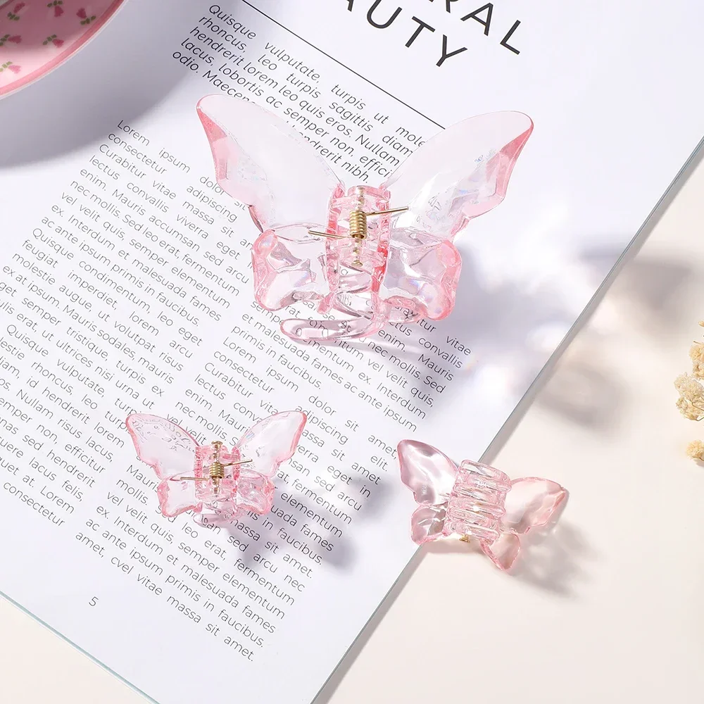 3Pcs Pink Medium Butterfly Hair Clips for Thick Thin Hair,Non Slip Cute Transparently Hair Claw Clip for Women Girls Accessories