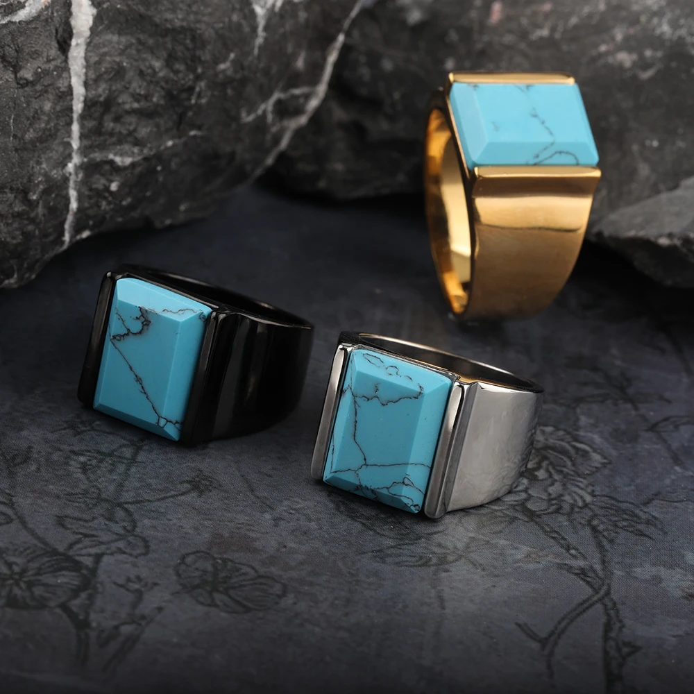 Keisha Lena New 2023 Signet Ring for Men Square Turquoise Top Stainless Steel Finger Band, Gothic Punk Rock Boy Stamp Rings