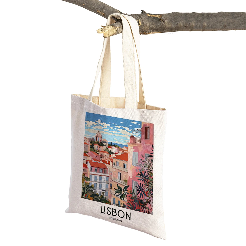 Vintage Landscape Shopper Bag Venice Paris Lisbon Stockholm Women Shopping Bags Double Print Linen Handbags Shoulder Lady Tote