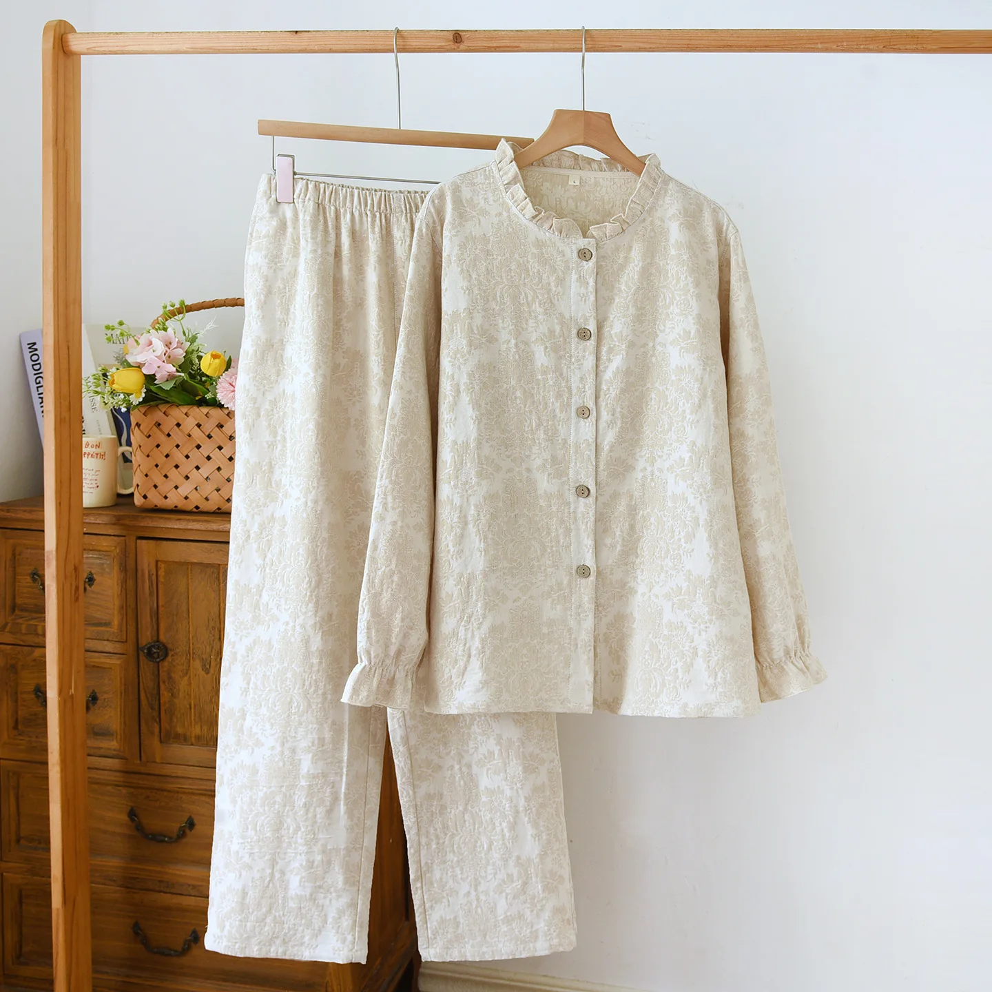 

Простые свежие пижамные комплекты, женская льняно-хлопковая одежда для сна, элегантные пижамы с длинными рукавами