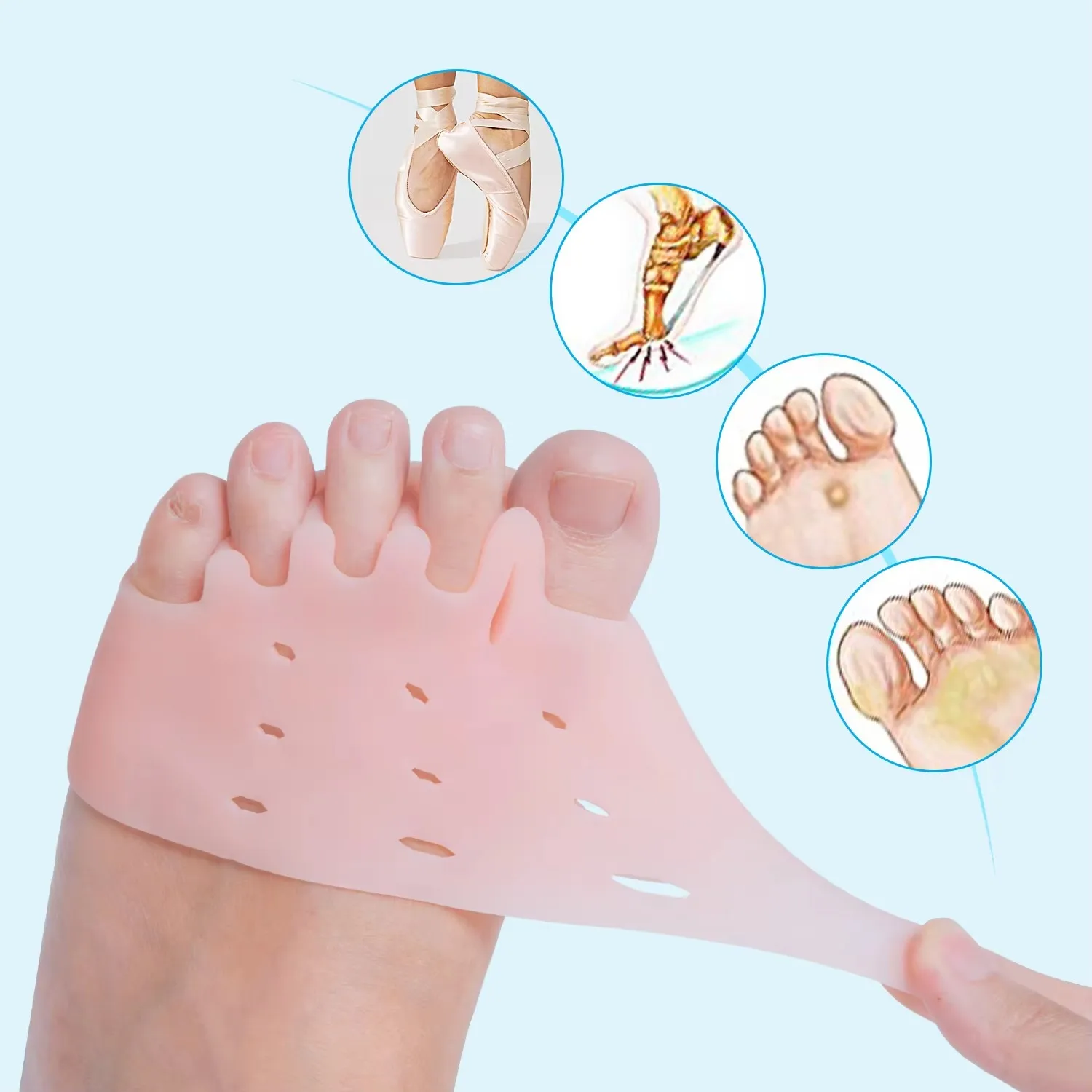Gel Forefoot Pads with Five-holes Honeycomb Toe Separator Soft Gel Pain Relief Insoles Prevent Feet Callus Blisters Corn 2pcs