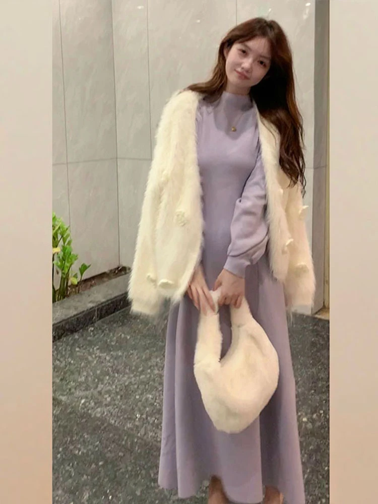 Feminino de malha longo Dr f gola alta preguiçoso Sle camada base outono inverno nova chegada macio aconchegante vestido linha A doce Japão...