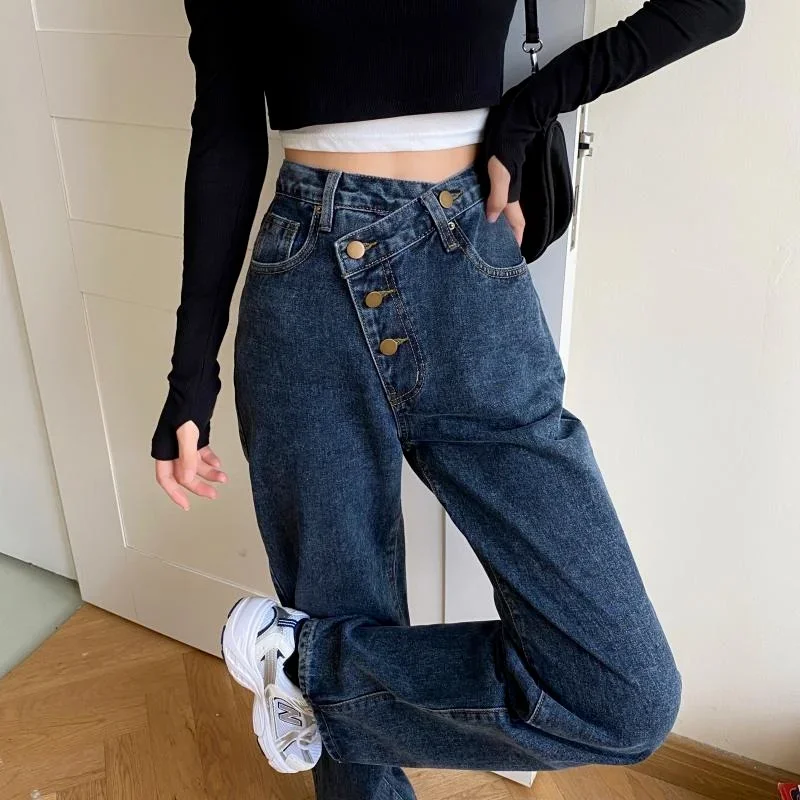 

Women Casual oversized Wide Leg Denim Pants 2024 High Waist Boyfriend Style Jeans Loose Straight Mom Chic Korean Blue Trousers