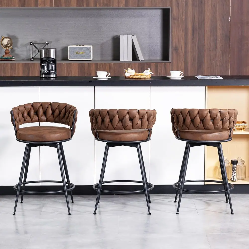 

Stools Set of 3, 24 inch Counter Height Bar Stools 360 Swivel Counter Stool for Kitchen Island with Woven Back and Suede Fabric