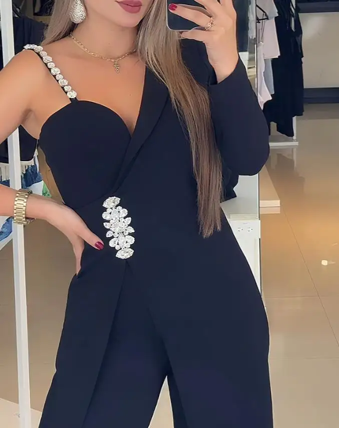 

Женский элегантный комбинезон на одно плечо со стразами, темпераментный женский повседневный сексуальный комбинезон с длинными рукавами и широкими штанинами