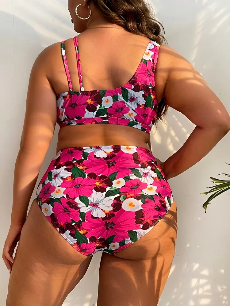 2023 Plus Large Size Ruffle Bikini Floral Swimwear Women Trim Tie Front costume da bagno femminile a vita alta nuoto costume da bagno