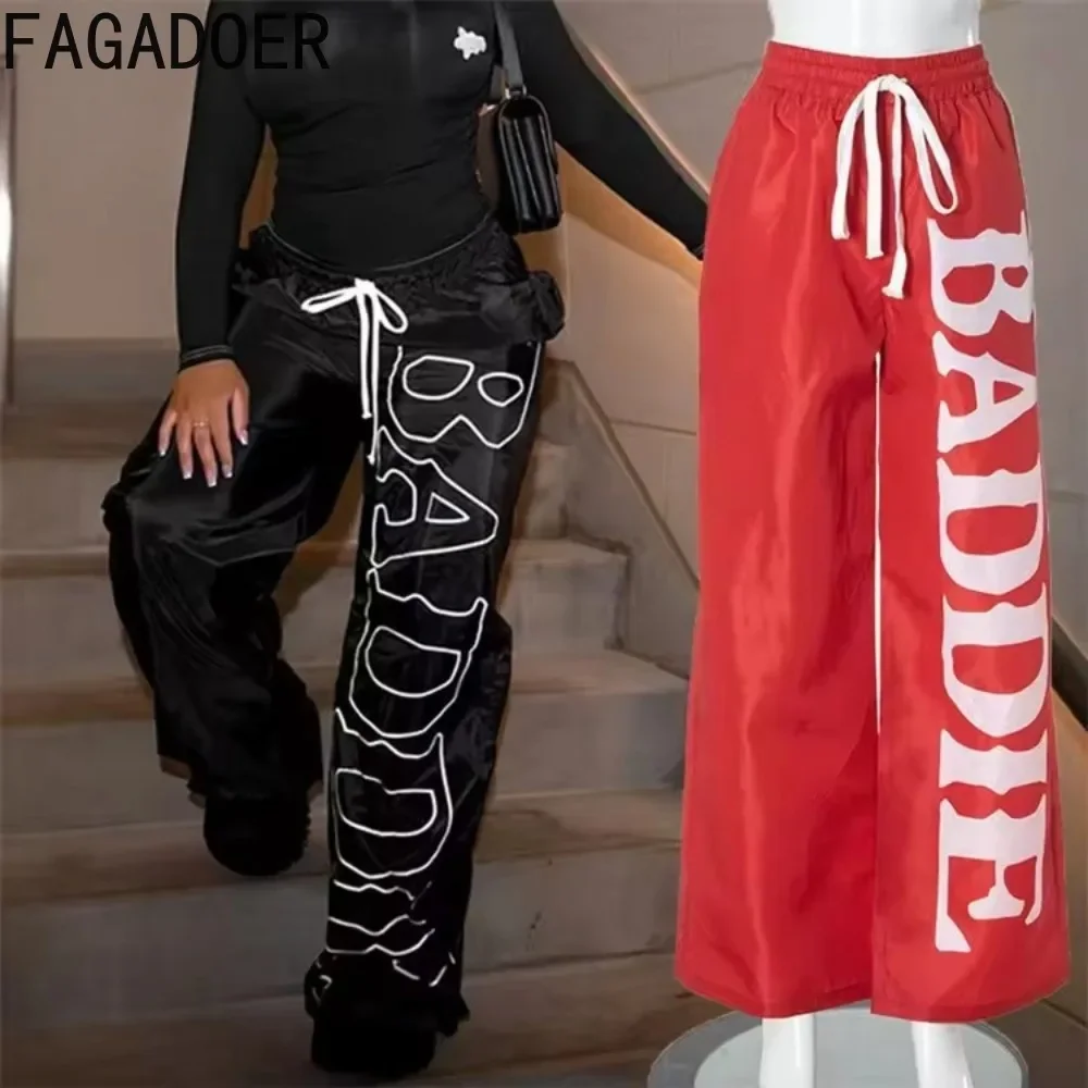 

FAGADOER Y2k Letter Print Sweatpants Baggy Pants Women High Waist Drawstring Wide Leg Pants Quick-dry Girls Streetwear Bottoms