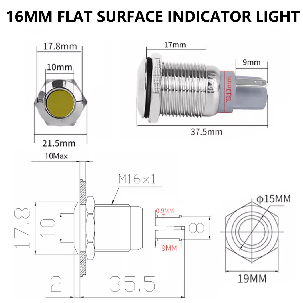 ABILKEEN 10PCS 16MM Metal LED Indicator Light AC/DC 3~220V IP65 Waterproof Mini Signal Pilot Lamp with 2Pin Solder Terminal