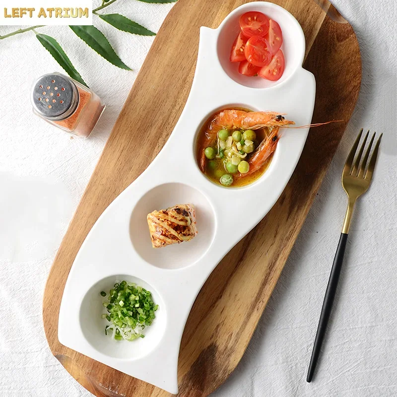 White Ceramic 4-Grid Bowl Creative Snack Bowl Dessert Multi Grid Bowl Seasoning Bowls Sushi Bowls Molecular Cuisine Tableware