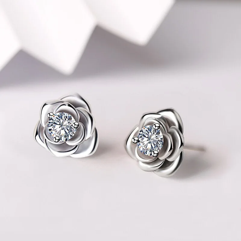 925 Silver Earrings Rose Flower for Women Sterling-Silver Wedding Jewelry Elegant Female Accessories Fashion 5A ZirconGift