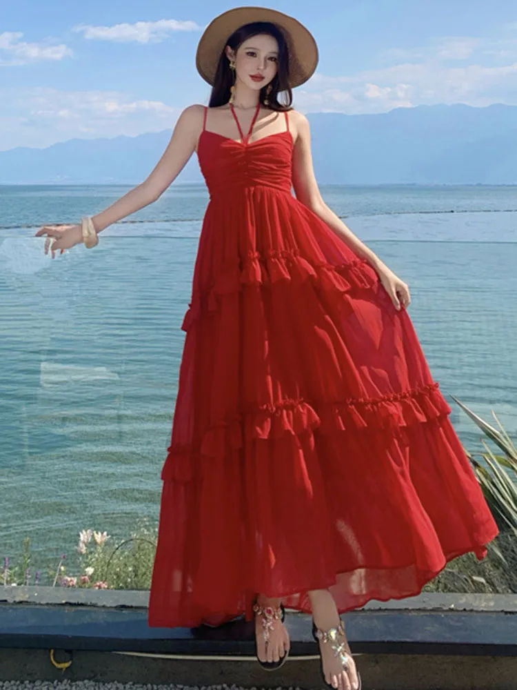 2023 frauen Sommer Sexy Backless Urlaub Strand Party Kleid Elegante Mode Ärmellose Boho Rot Rüschen Chiffon Lange Kleider Robe
