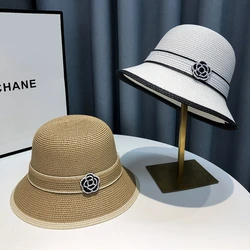 Japanese Ins Bucket Hat Summer Sunscreen Plain Fisherman's Cap Seaside Vacation Elegant Camellia Show Face Small Sun Hats Woman