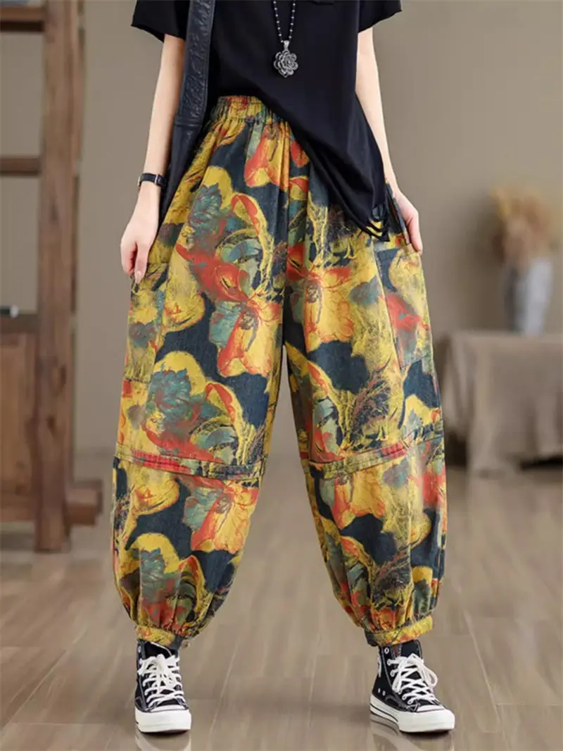 

Retro Printed Denim Pants For Women 2024 Summer Wear Loose Fit Oversized Casual Lantern Trousers Versatile Cropped Jeans K962