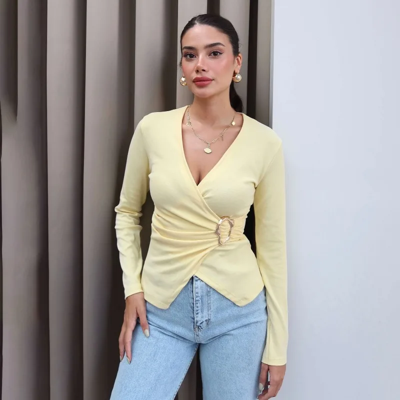 

Светло-желтый вязаный свитер, облегающий вечерний топ с длинными рукавами, универсальный модный сексуальный осенне-зимний женский наряд, готический женский топ Y2k