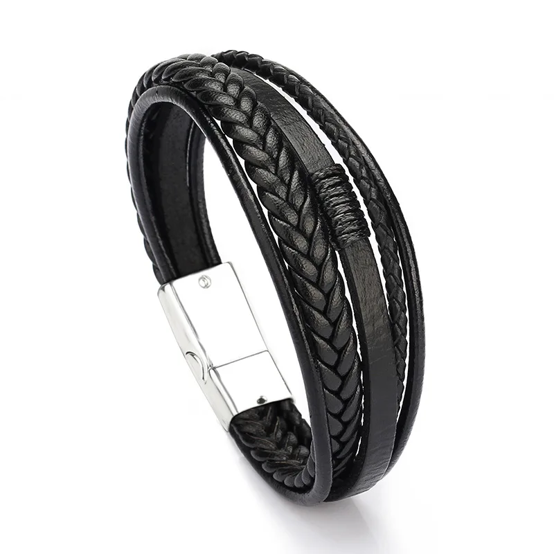 Wholesale Multilayer Leather Rope Wrap Hand Weaving Bracelet Braided Magnetic Buckle Stainless Steel Bracelets for Men Jewelry