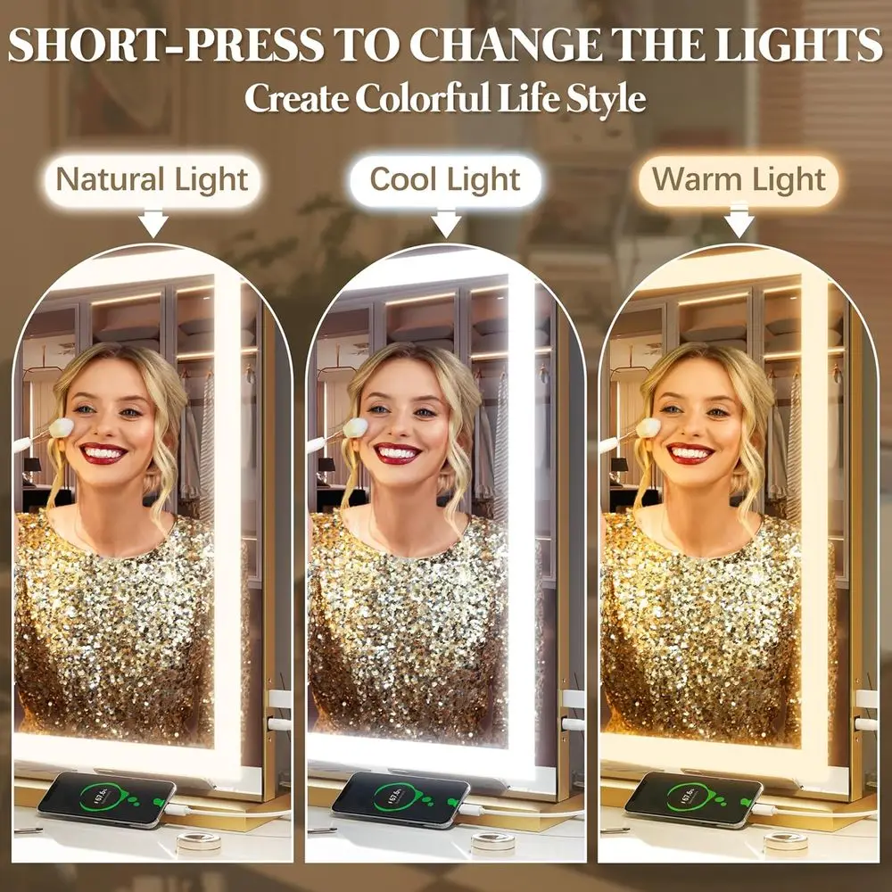 مرآة زينة مضاءة LED 32 × 22، تحكم باللمس، خيارات 3 ألوان، تكبير 10X، منفذ USB، إطار ذهبي مربع #2