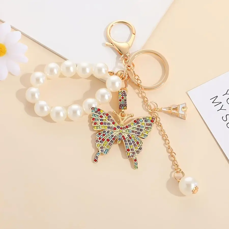 1/5/10/20/50/100pcs Adorable Keychain Featuring a Faux Pearl Design And a Butterfly Pendant Adorned with Imitation Diamonds, Per