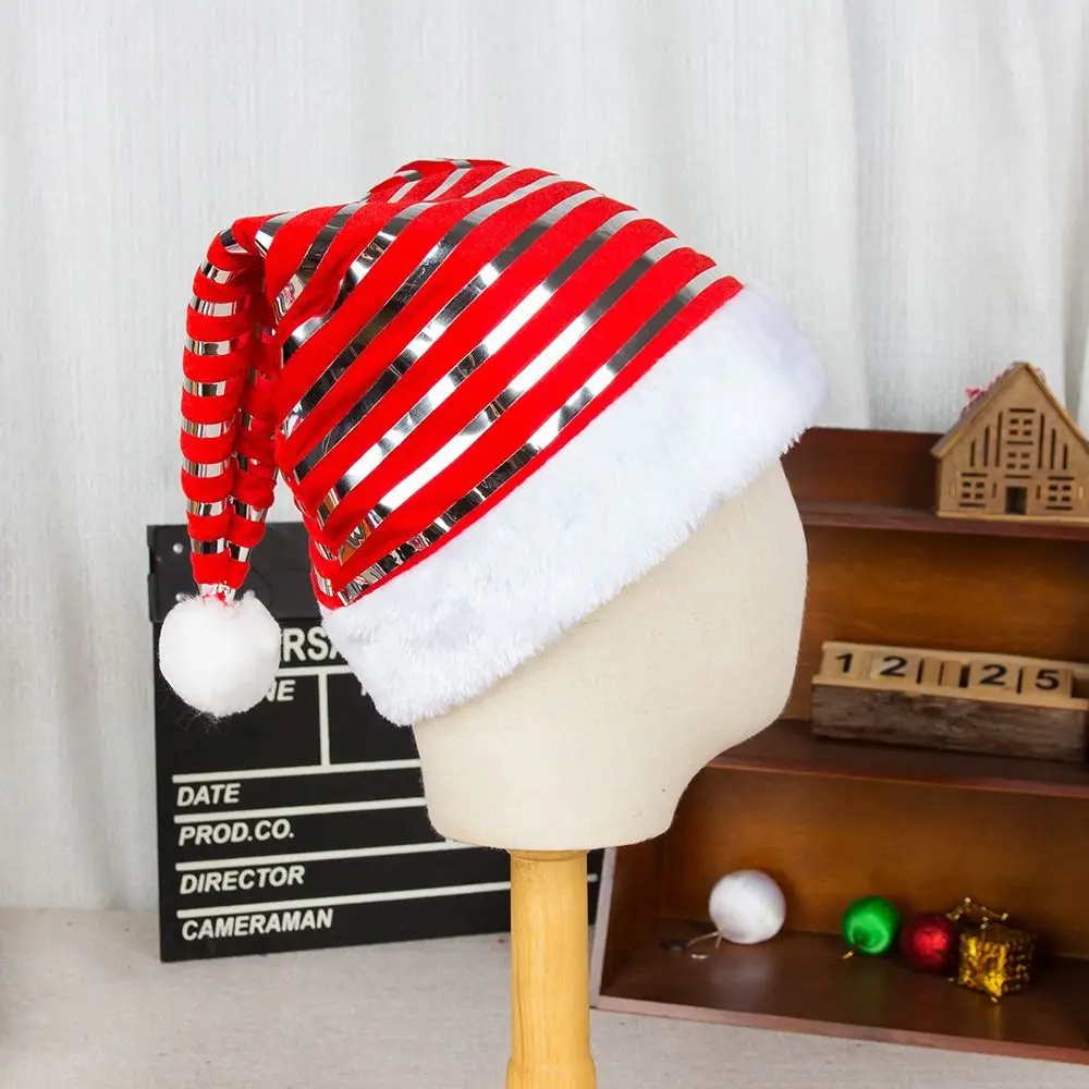 Classic Red Green Velvet Christmas Hats White Fur Trim Shiny Stripes Festive Headwear Funny Universal Xmas Hat Unisex
