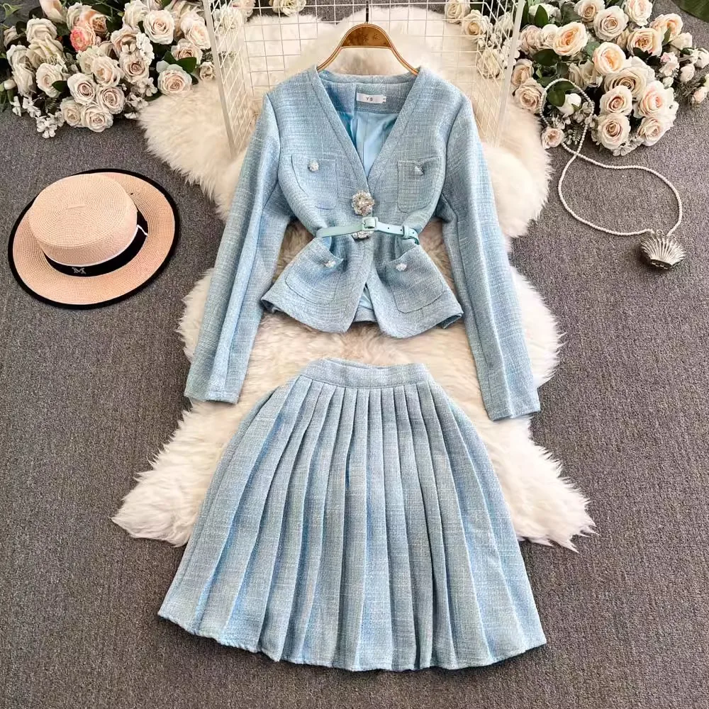 New Winter Blue Tweed 2 Piece Set For Women V Neck Beaded Large Button Pockets Belt Coat + High Waist Pleated Mini Skirt Suits