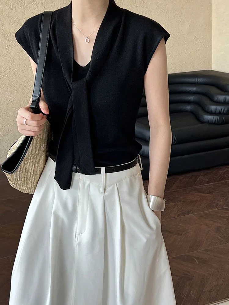 [EAM] Beige Black Elegant Knitting Sweater V-Neck Short Sleeve Women Pullovers New Fashion Tide Spring Summer 2024 1DH6837