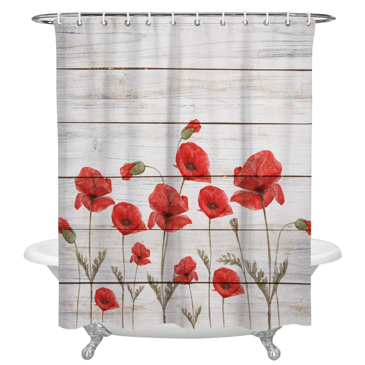 Red Poppy Flower Wood Board Waterproof Bathroom Decoration Shower Curtain Printed Bathtub Curtains Bathroom Accessories