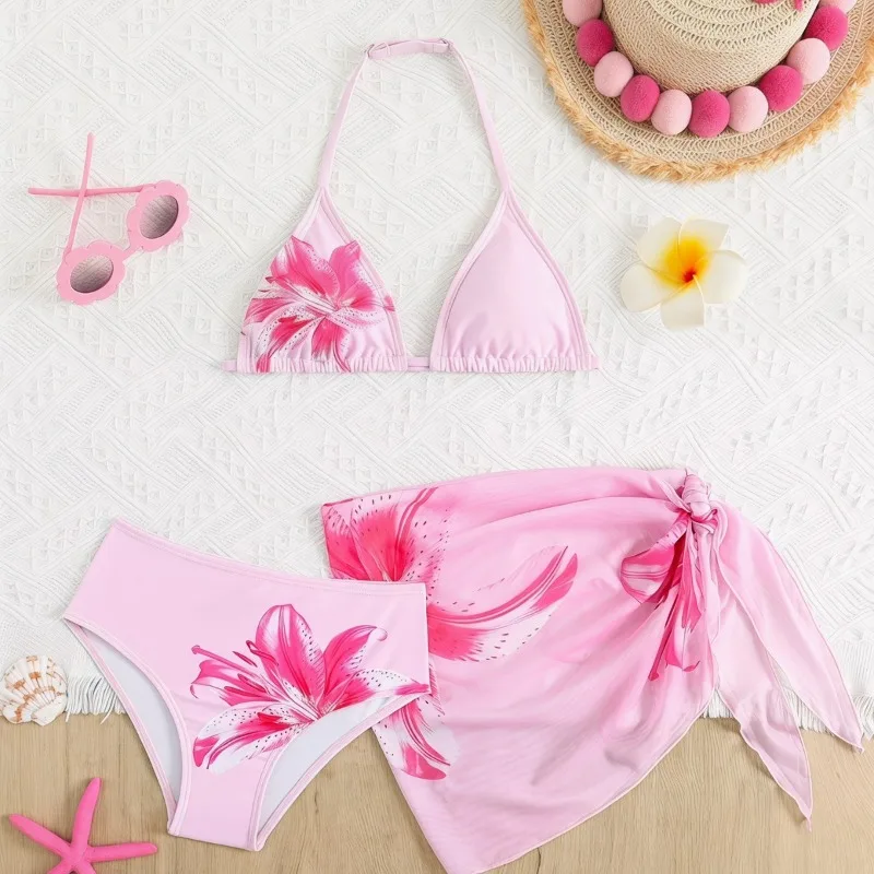 7-16Yrs Girls Bikinis Suits UNITIM Summer Flower Printed Two-piece Swimsuits Teen Girls' Bikini Swimwear Set 3pcs Bathing Suits