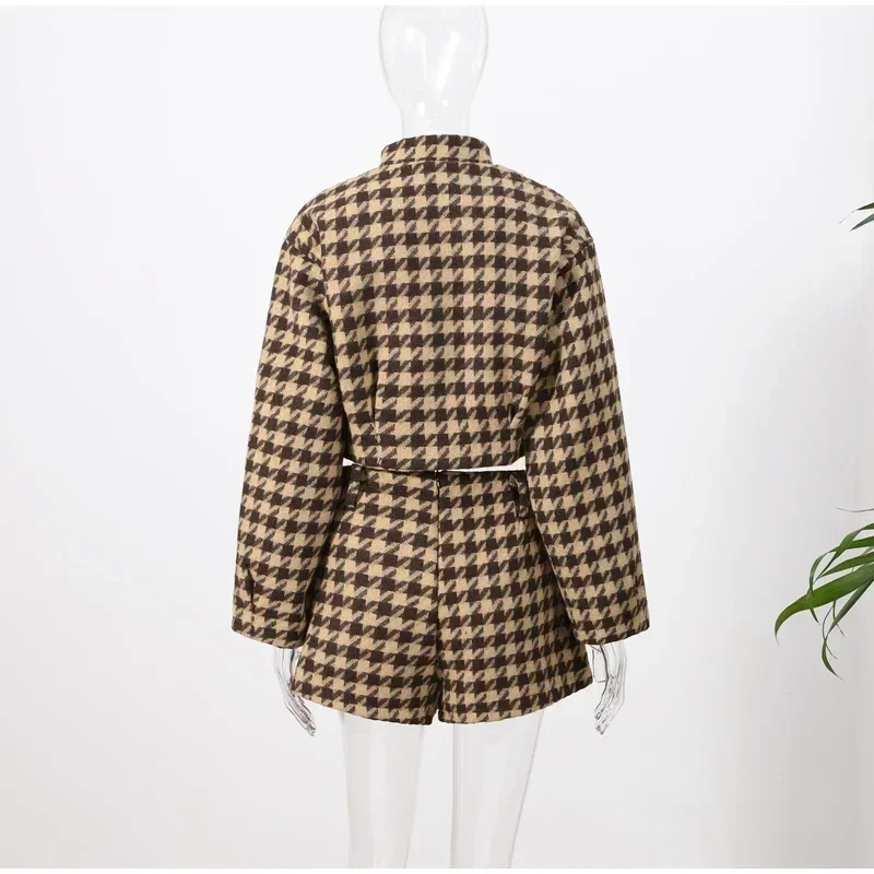 Gemütliche Grid Muster Frauen Shorts Sets Revers Lose Langarm Einreiher Rüschen Tops Hohe Taille Hosen Neue Mode Oberbekleidung – Detail 5