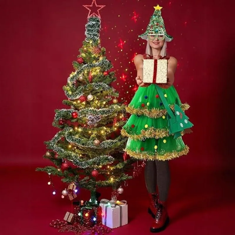 عيد الميلاد موضوع دور اللعب شجرة عيد الميلاد شكل فستان المرأة تأثيري حلي تضيء أغطية الرأس اكسسوارات حقيبة يد نظارات #4