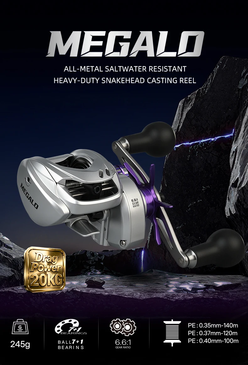 LEYDUN MEGALO Baitcasting-Rolle, komplett aus Metall, 20 kg maximale Bremskraft, 7+1 Kugellager, Übersetzungsverhältnis 6,6:1, salzwasserbeständige Angelrolle zum Baitcasting. – Detail 1