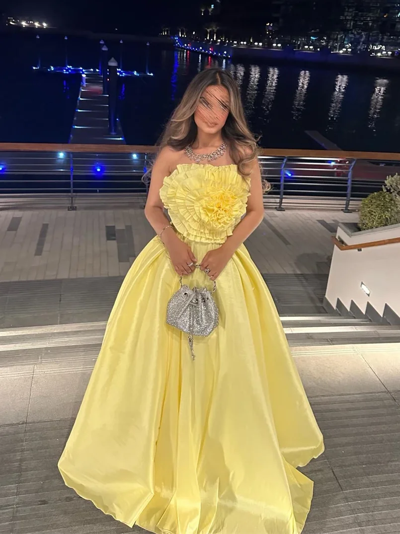 Prom Dresses Elegant Fashion Strapless Floor Length A-line Sleeveless Ruched Flower Formal Evening Gowns فساتين سهرة vestido