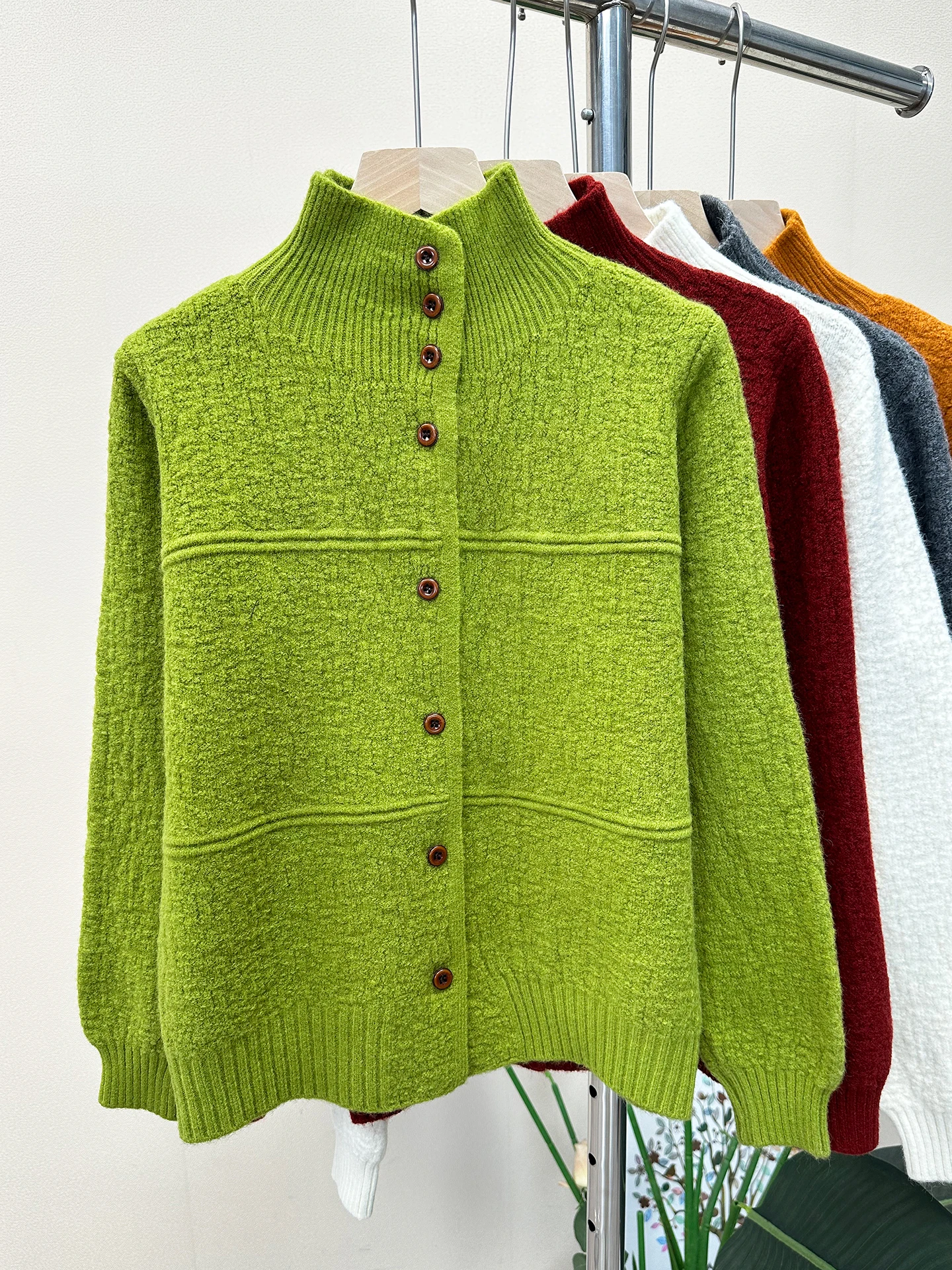 Korean Sle Women's Knitted Cardigan 0g Soft Long Sve  Color Button up Stand Collar Texture Sensation Sweater Coat